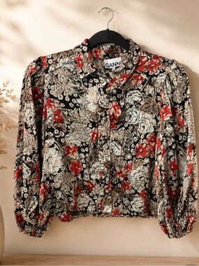 Ganni Black Floral Button-Up Blouse with Red and Cream Accents